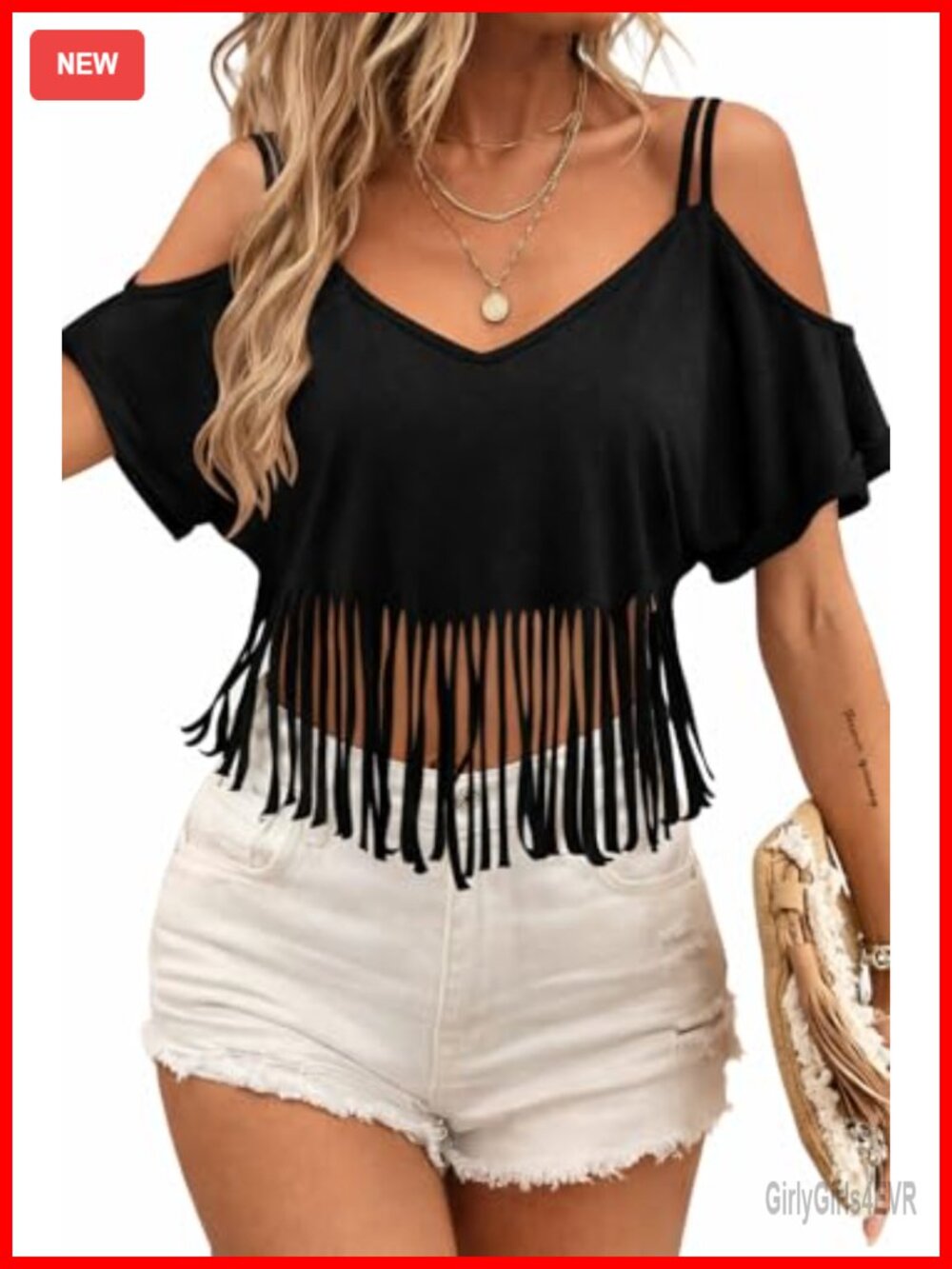 Fringe Crop Top Cold Shoulder V Neck Batwing Short Sleeve Western Cowgirl